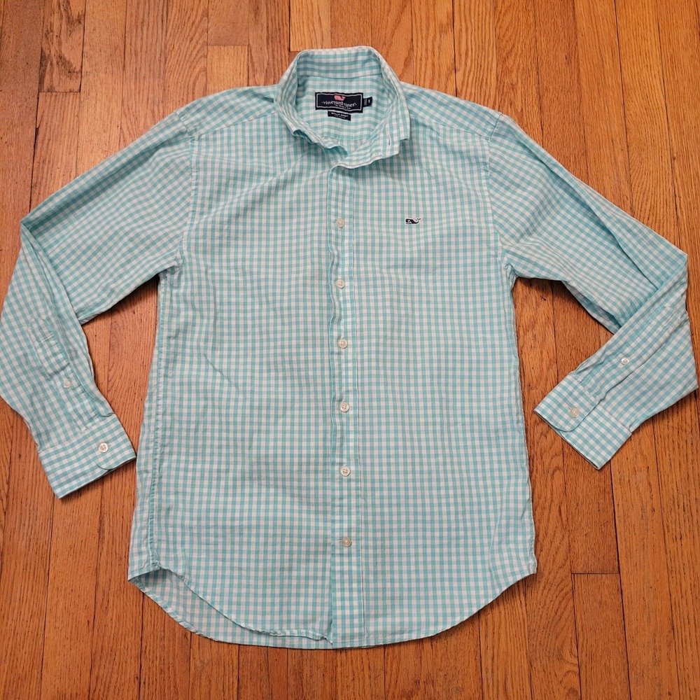 Vineyard Vines S Button Down Aqua Blue Gingham WHALE SHIRT Preppy Coastal Cotton
